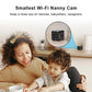 Black mini Wi‑Fi nanny camera on a compact stand with close-up inset