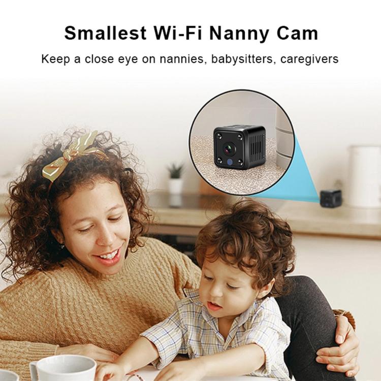 Black mini Wi‑Fi nanny camera on a compact stand with close-up inset