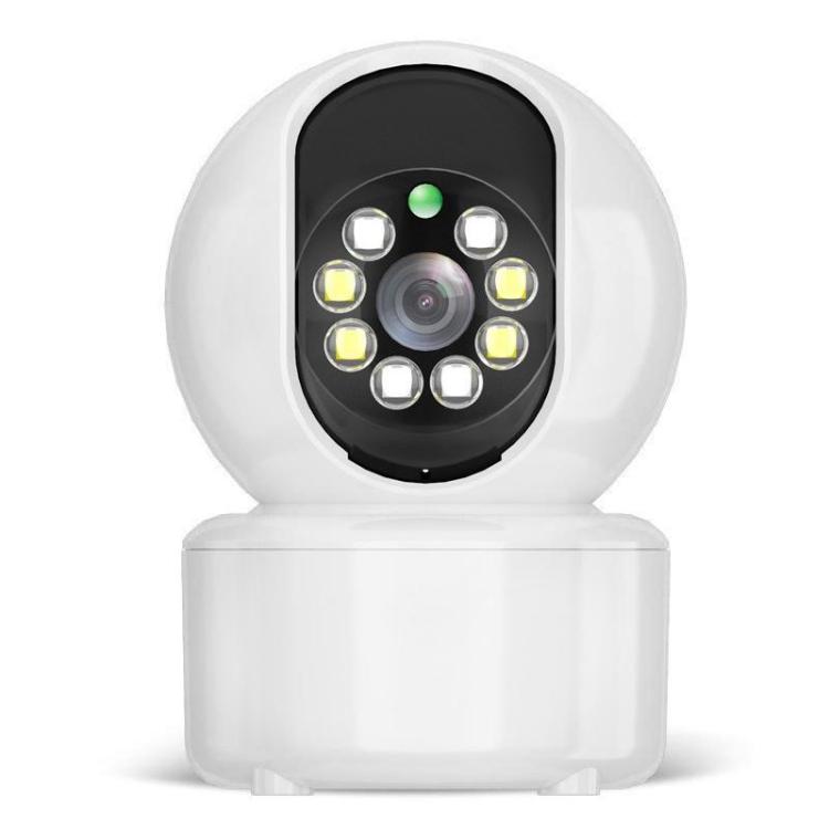 Wireless home security camera with black dome lens and visible LED infrared lights