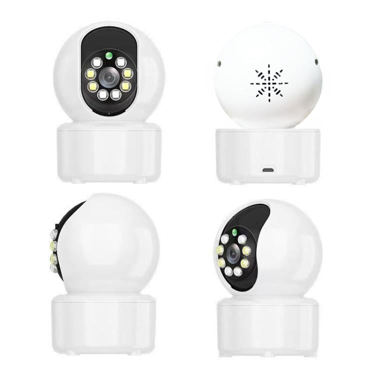 Wireless home security camera shown from multiple angles, white housing and black lens
