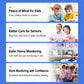 Wireless home security camera feature infographic card with kid, senior, and monitoring panels