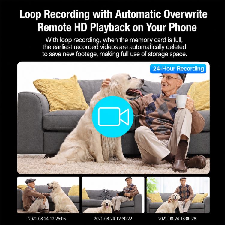 Wireless home security camera feature infographic with loop recording and phone playback