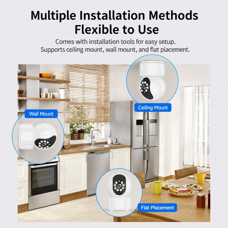 Wireless home security camera mounting feature graphic showing wall, ceiling, and flat options