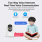 Wireless home security camera voice intercom feature graphic with small camera icon