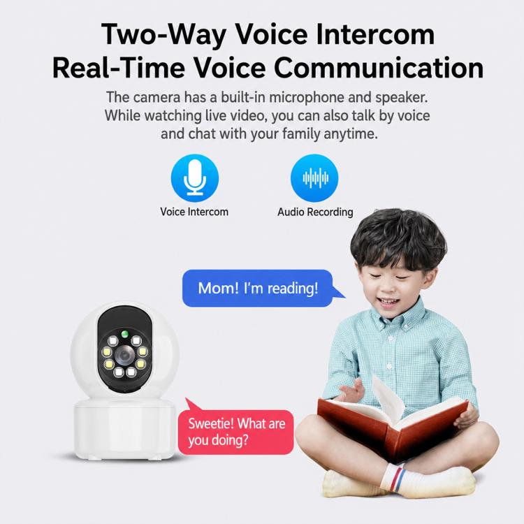 Wireless home security camera voice intercom feature graphic with small camera icon