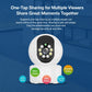 Wireless home security camera one-tap sharing feature graphic with front camera icon