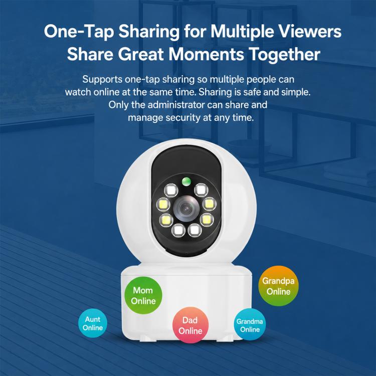 Wireless home security camera one-tap sharing feature graphic with front camera icon