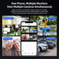 Wireless home security camera multi-view feature graphic with smartphone app and camera icons