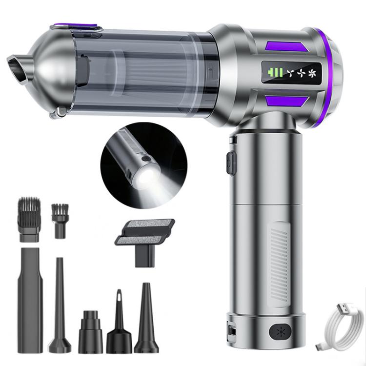 Handheld car vacuum cleaner with silver body and purple accents, plus multiple nozzle attachments
