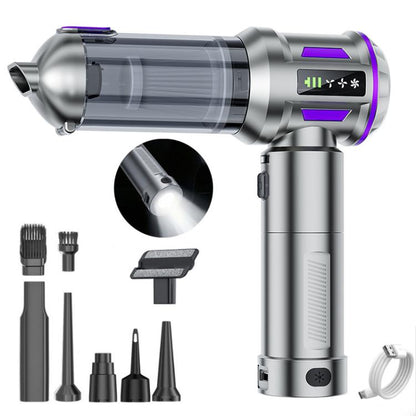 Handheld car vacuum cleaner with silver body and purple accents, plus multiple nozzle attachments
