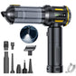 Handheld car vacuum with dark gray nozzle, silver body, and purple control panel, plus attachments