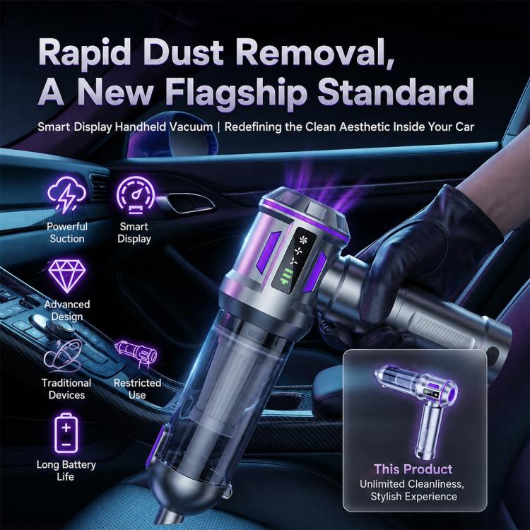 Handheld car vacuum cleaner with silver body and purple accents shown in a car interior