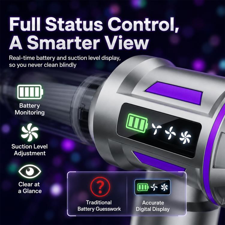 Handheld vacuum cleaner with purple display window and battery/suction level indicators