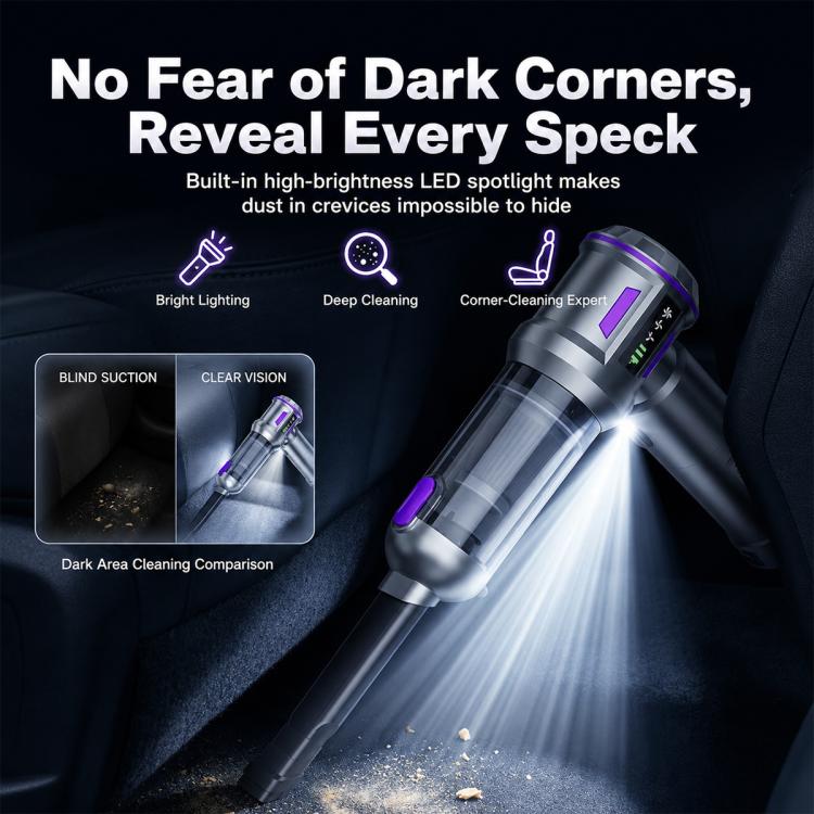 Handheld vacuum cleaner with purple accents and LED spotlight for corner cleaning