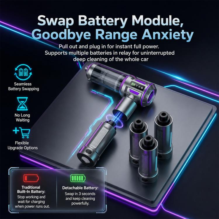 Handheld vacuum cleaner with detachable battery module shown with multiple battery packs