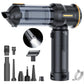 Black handheld car vacuum with orange-yellow power bar and included brush attachments