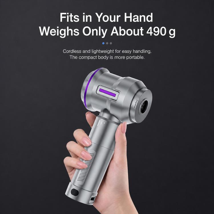 Compact handheld car vacuum with transparent dust cup and purple details