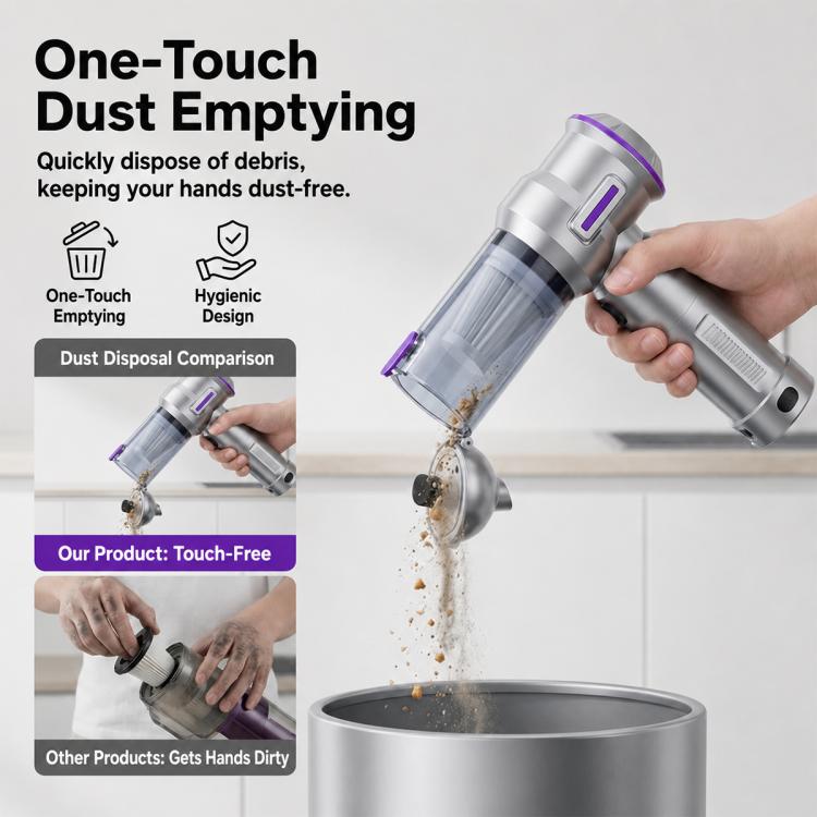 Handheld vacuum with one-touch dust emptying and transparent container