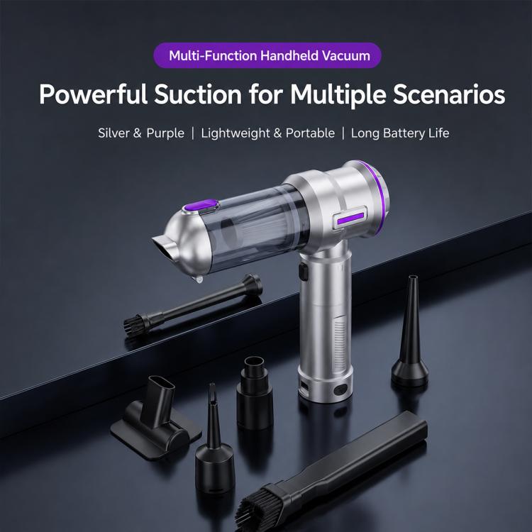 Silver and purple handheld vacuum with floor brush and angled suction nozzle