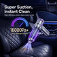 Handheld vacuum nozzle with purple-lit suction indicator cleaning car seat upholstery