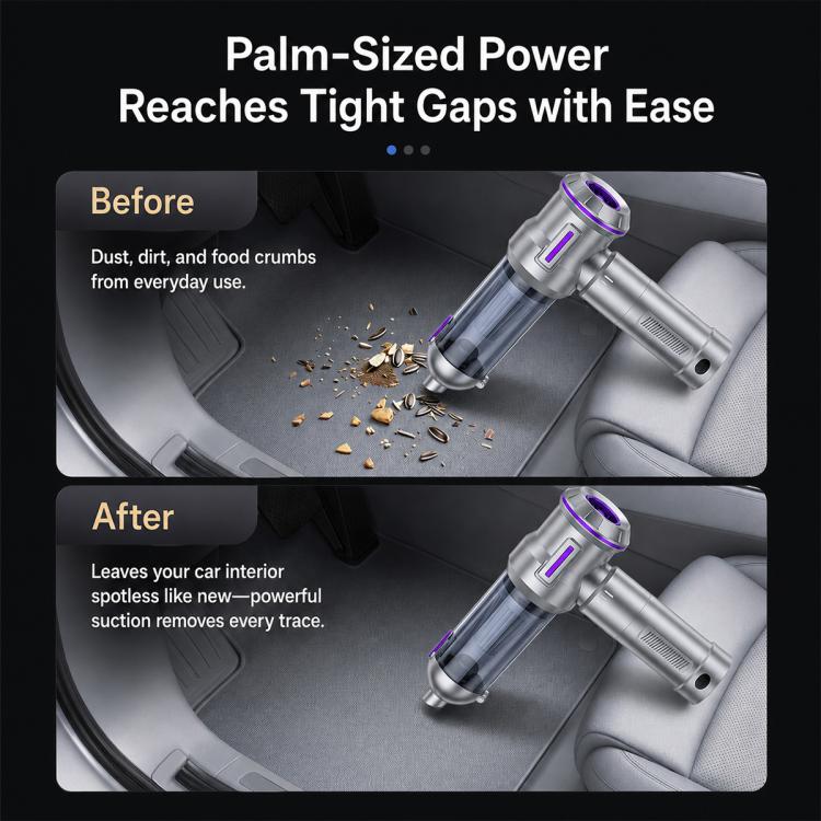 Handheld car vacuum with transparent dust cup and purple accents
