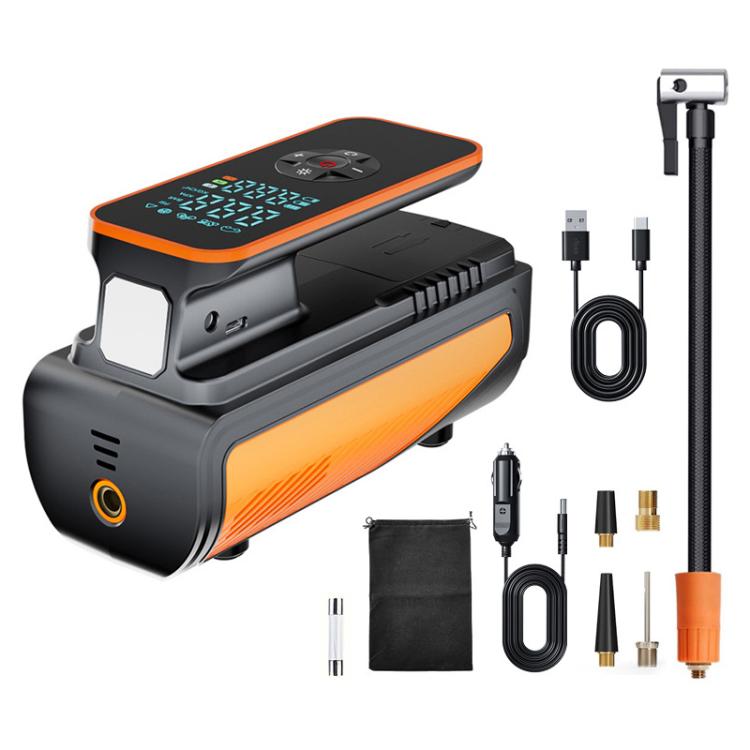 Orange-and-black dual-screen wireless tire inflator pump with digital display and accessories