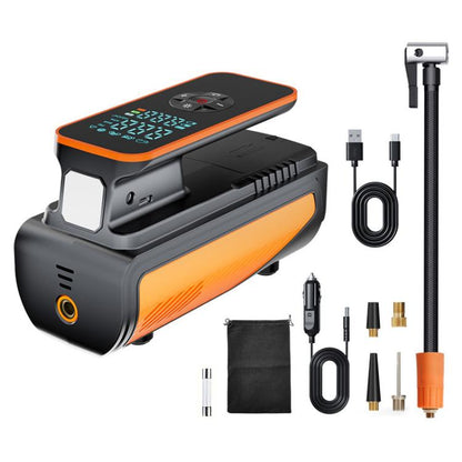 Orange-and-black dual-screen wireless tire inflator pump with digital display and accessories