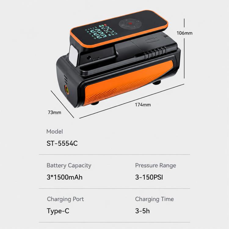 Compact dual-screen car tire inflator pump with orange and black body