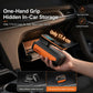 Orange-and-black tire inflator pump held in one hand, with dual digital screen