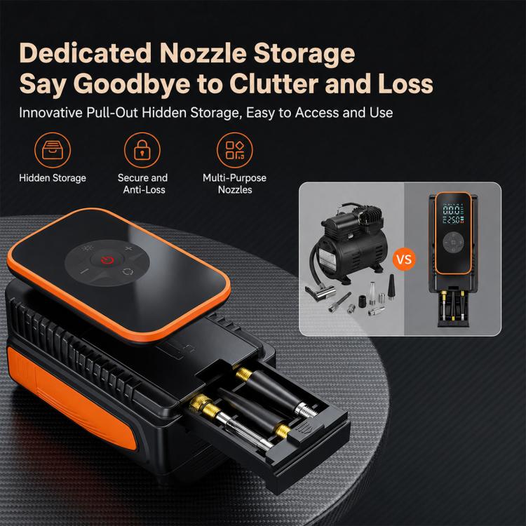 Orange-and-black air inflator pump with pull-out nozzle storage and accessories