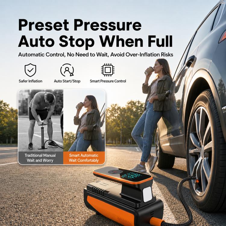 Orange-and-black cordless tire inflator pump with compact control panel