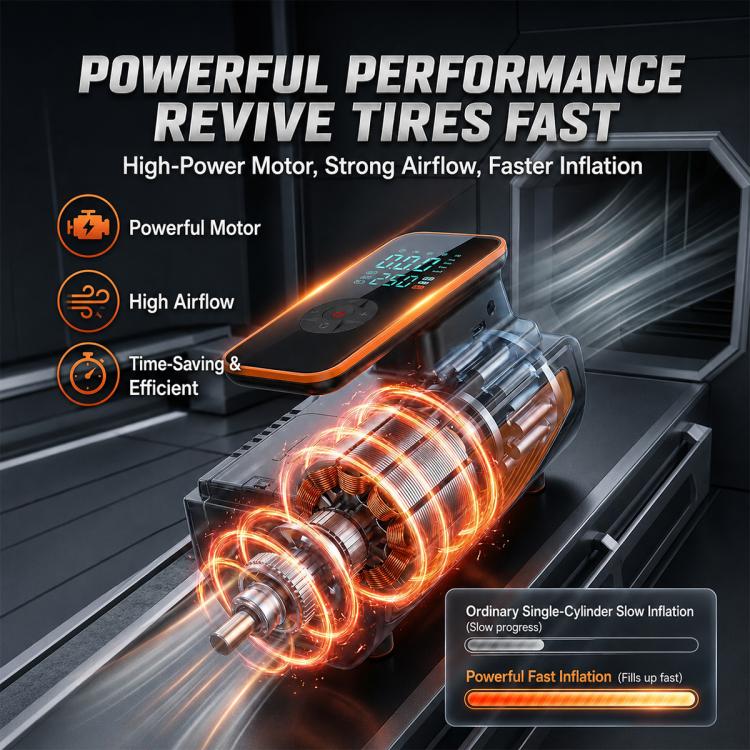 Orange-and-black tire inflator pump with visible internal motor airflow channel