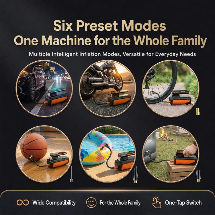 Orange-and-black tire inflator pump with versatile preset modes