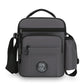 Grey men's crossbody bag with zip front pocket and adjustable shoulder strap