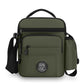 Olive green men's crossbody bag with zip front pocket and adjustable shoulder strap