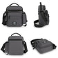 Gray men's crossbody bag shown from multiple angles with adjustable strap
