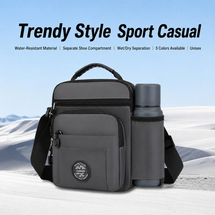 Black men's crossbody bag with front zip pocket and attached bottle holder
