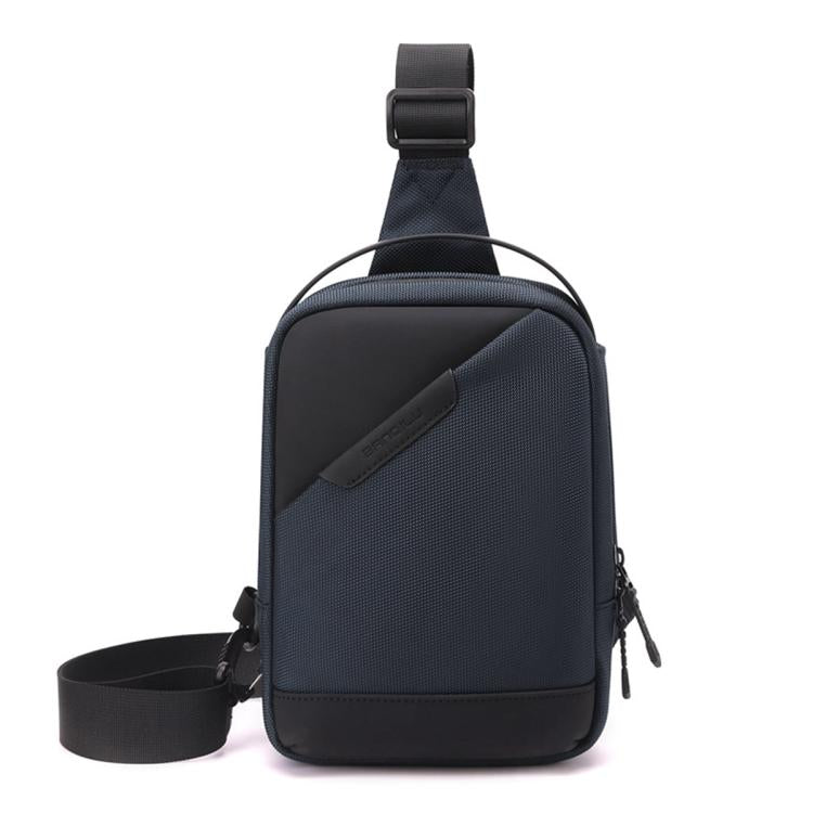 Men's blue crossbody sling bag with front zipper pocket and adjustable top strap