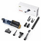 Black cordless vacuum cleaner kit with multiple brush attachments and suction nozzles