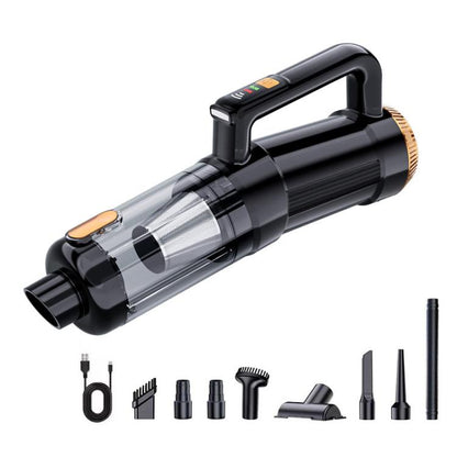 Black cordless handheld vacuum cleaner with transparent dust cup and gold filter ring