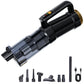 Black cordless vacuum with transparent dustbin window and floor nozzle, plus attachments