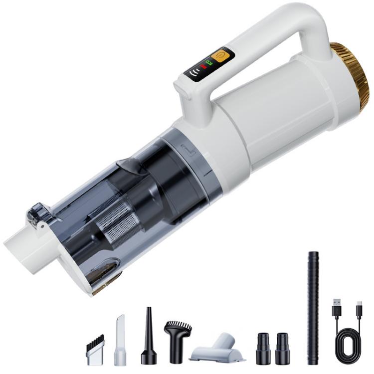 White cordless vacuum with transparent dustbin window and floor nozzle, plus attachments