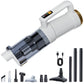 White cordless stick vacuum cleaner with extension tubes and assorted cleaning nozzles