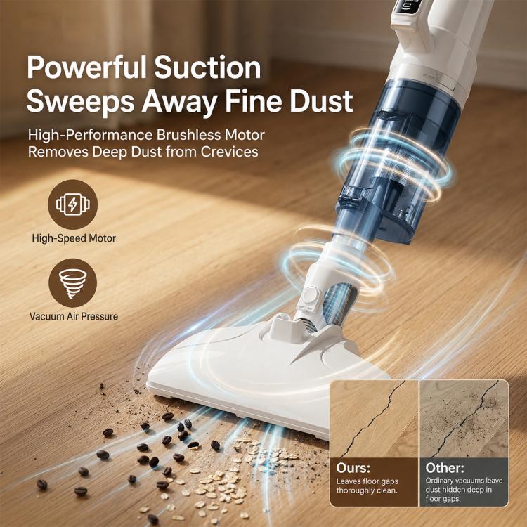 White cordless stick vacuum cleaner with floor head picking up fine dust