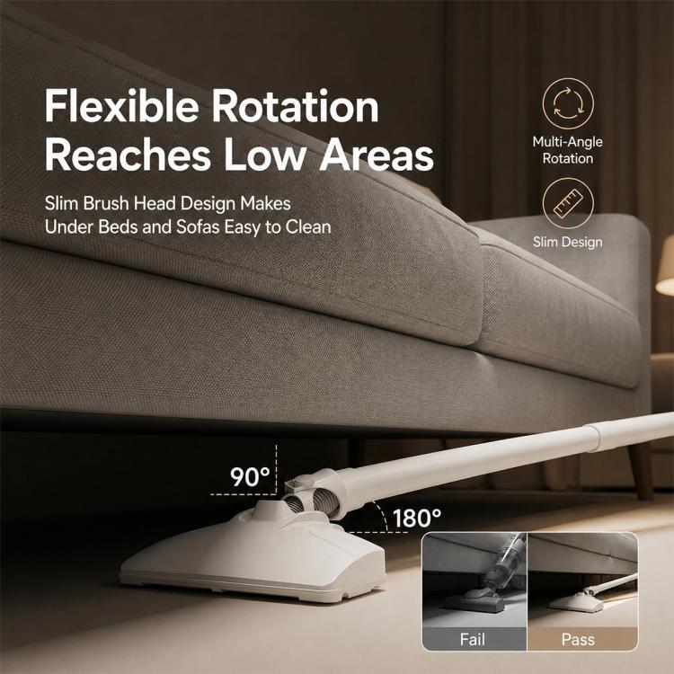 Handheld vacuum with slim rotating brush head and extended reach wand for low areas