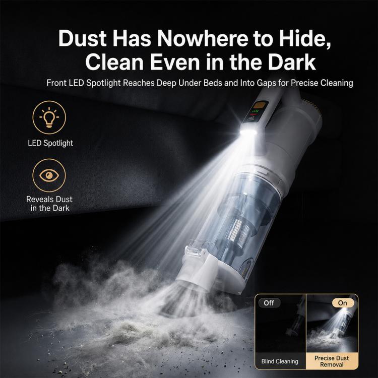 Handheld vacuum with front LED spotlight for precise cleaning and dust pickup