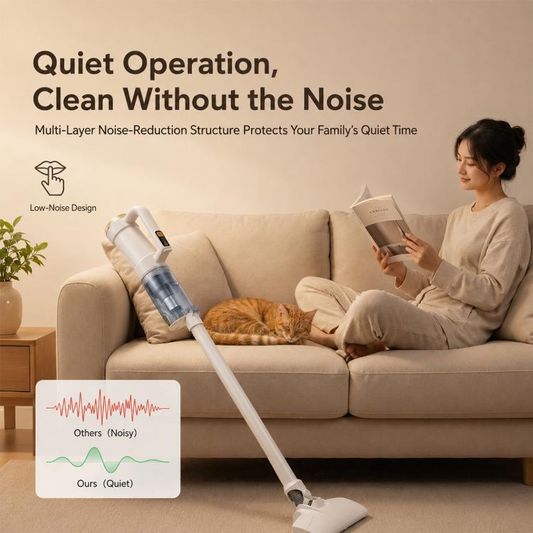 Quiet handheld vacuum cleaner with slim brush head on carpet, designed for low noise