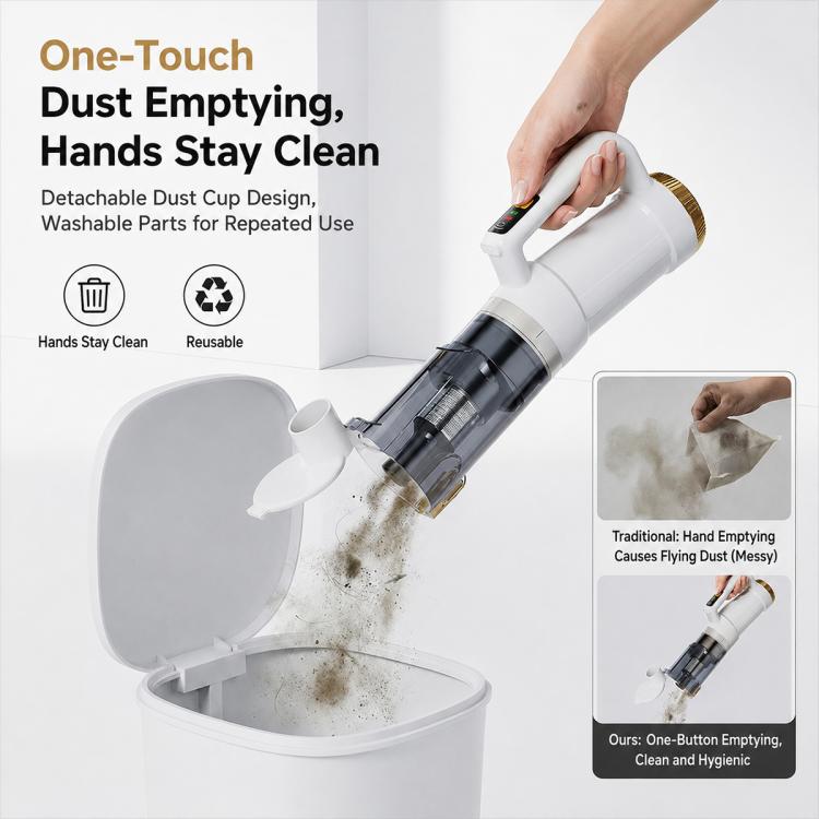 Handheld vacuum with one-touch dust emptying cup and detachable washable container