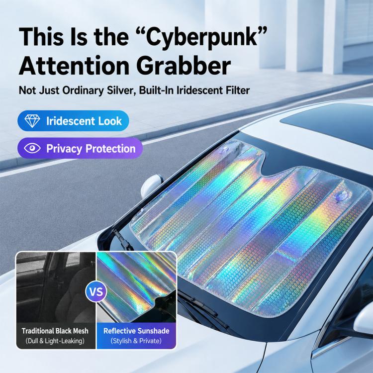 Iridescent reflective windshield sunshade with V cutout laid across the glass