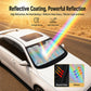 Car windshield sunshade with prismatic rainbow reflective coating across front glass